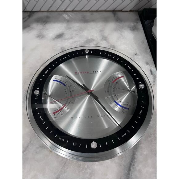 Modern Tech Wall Clock Weather Station Temp Humidity Brushed Aluminum 12” - Picture 6 of 10